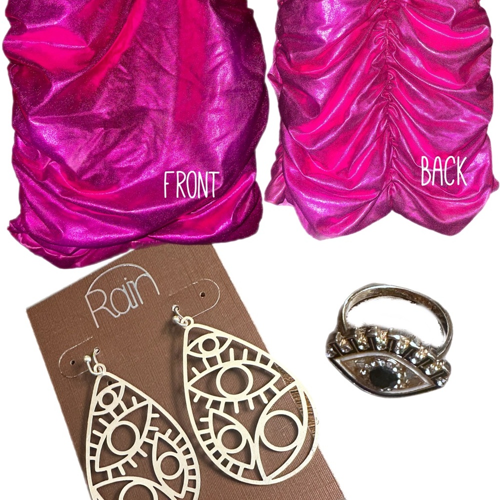 Metallic hot Pink Ruched mini skirt with Silver Accessories